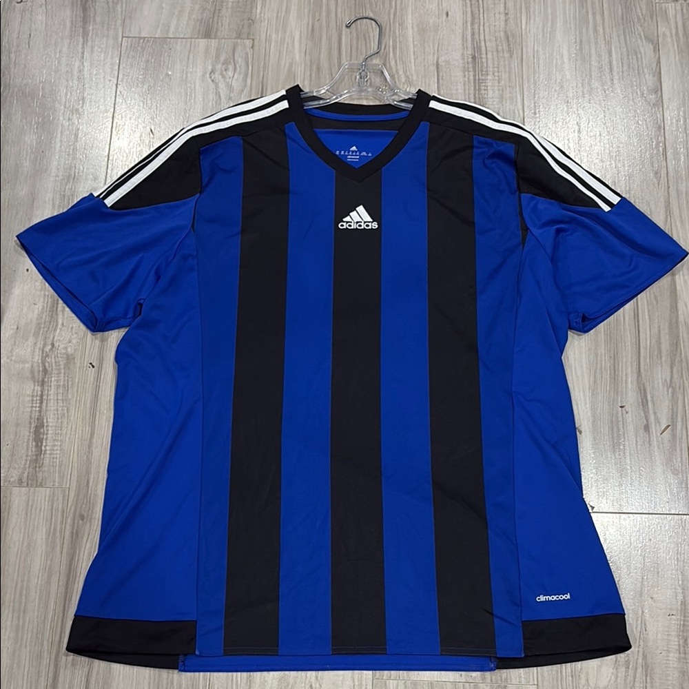 Adidas Blue and Black Striped Jersey